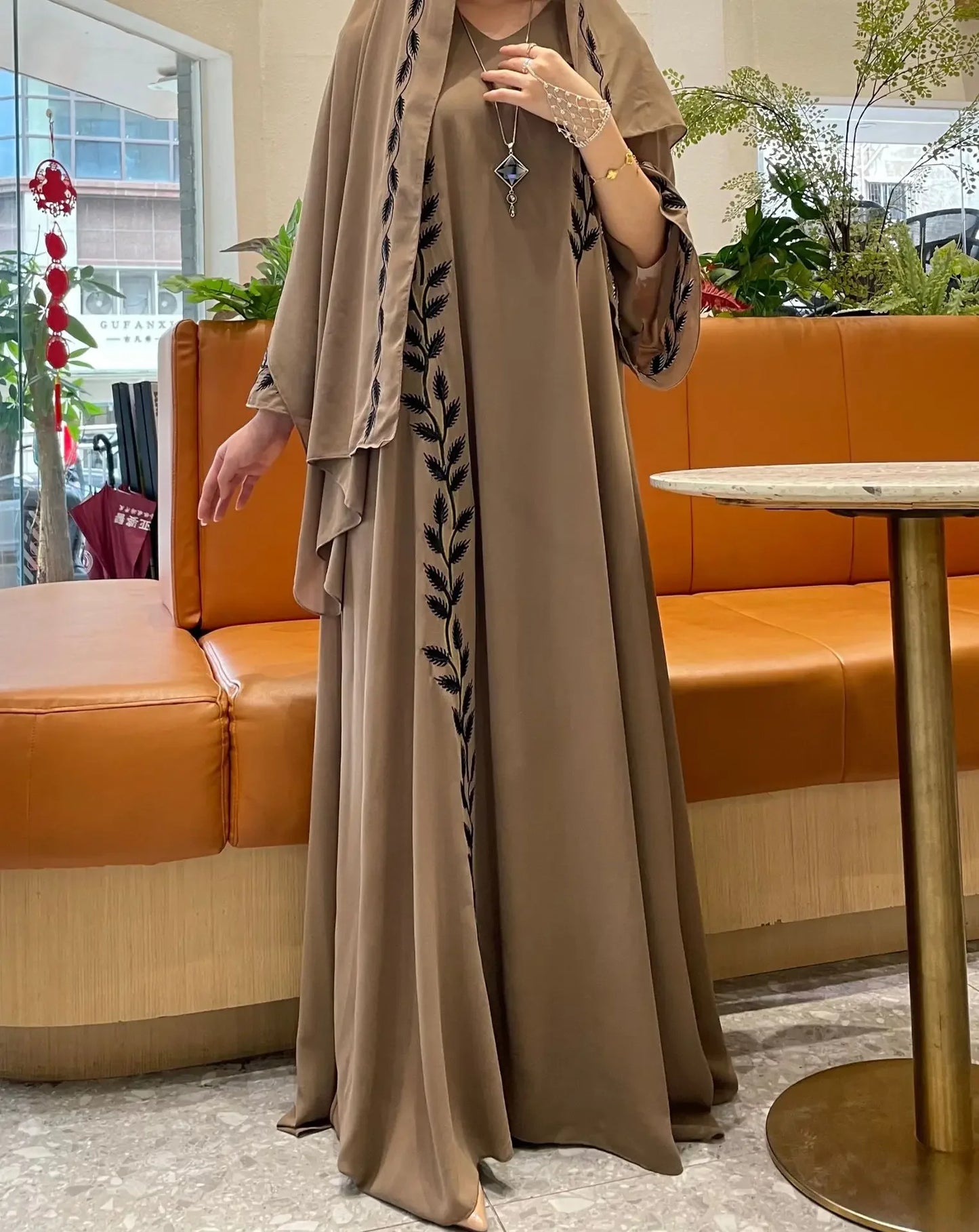 Women's Embroidered Abaya Dress with Scarf