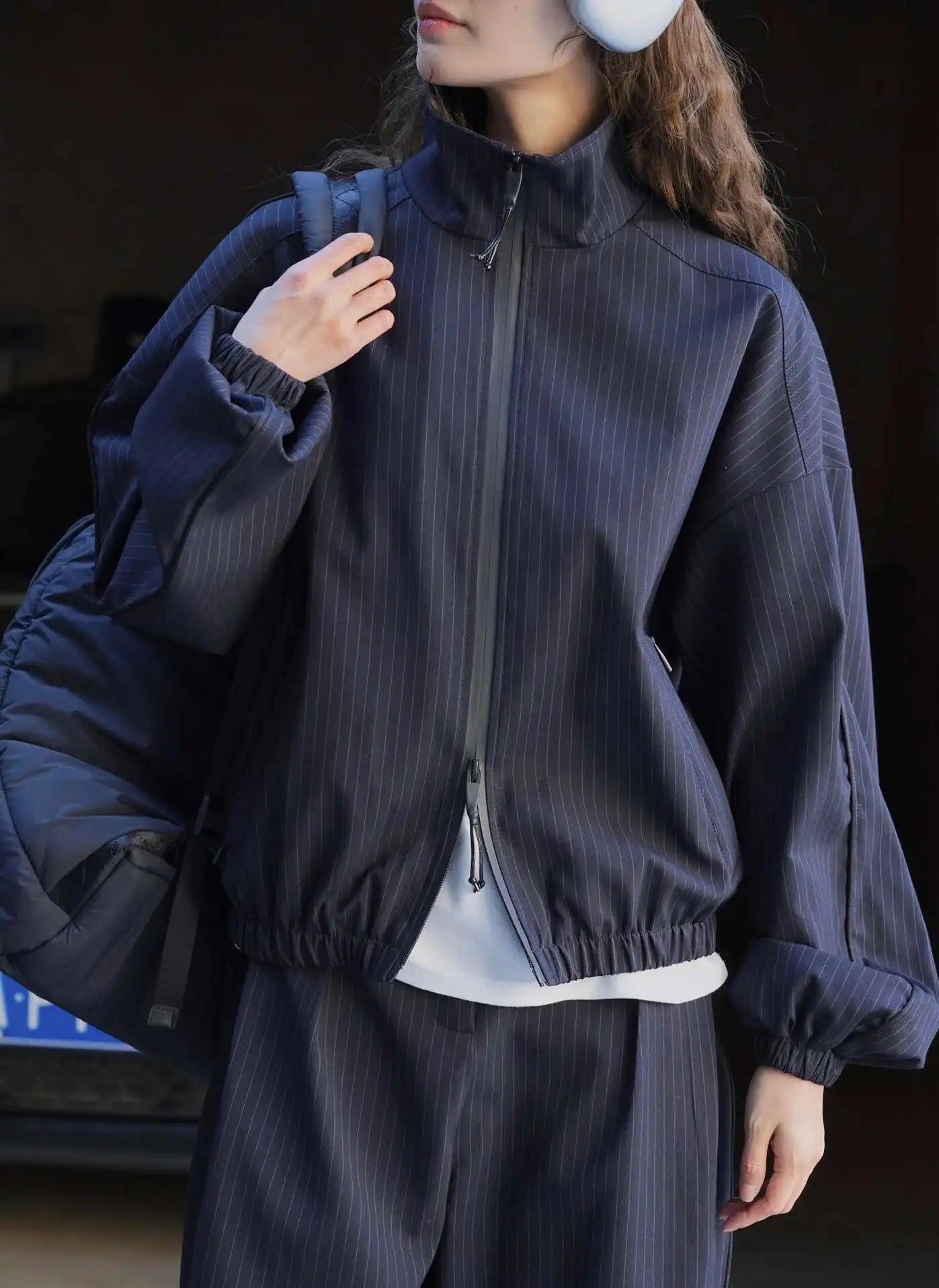 Women's Designer Striped Stand-Neck Jacket