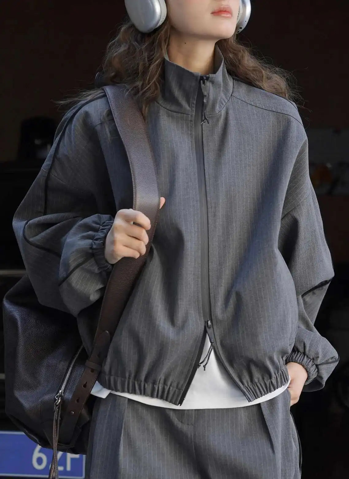 Women's Designer Striped Stand-Neck Jacket