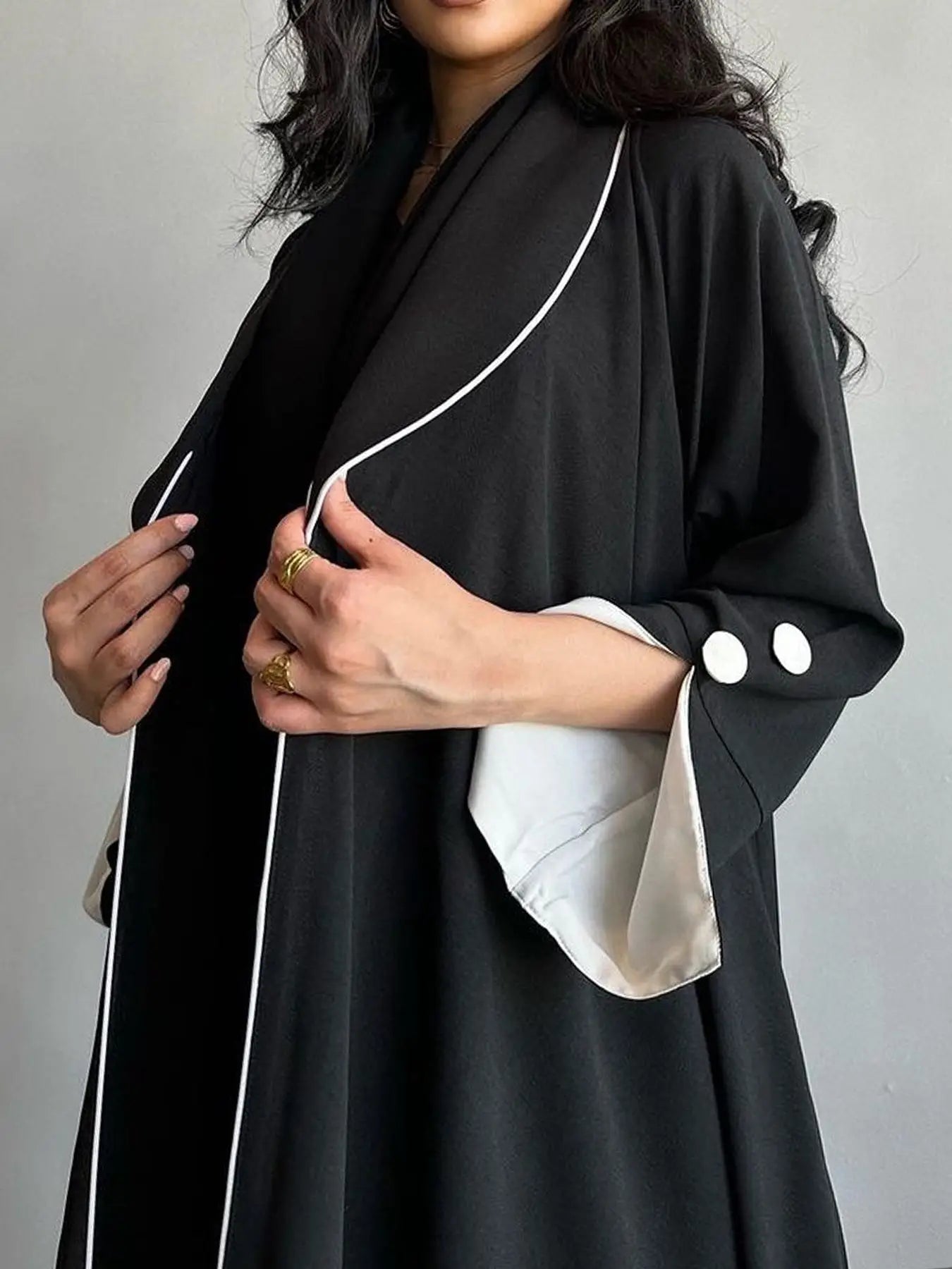 Contrast Trim Open-Front Abaya Cardigan