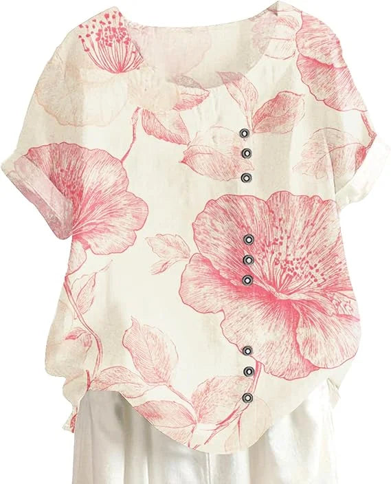 Women's Blue Floral Cotton-Linen Tunic