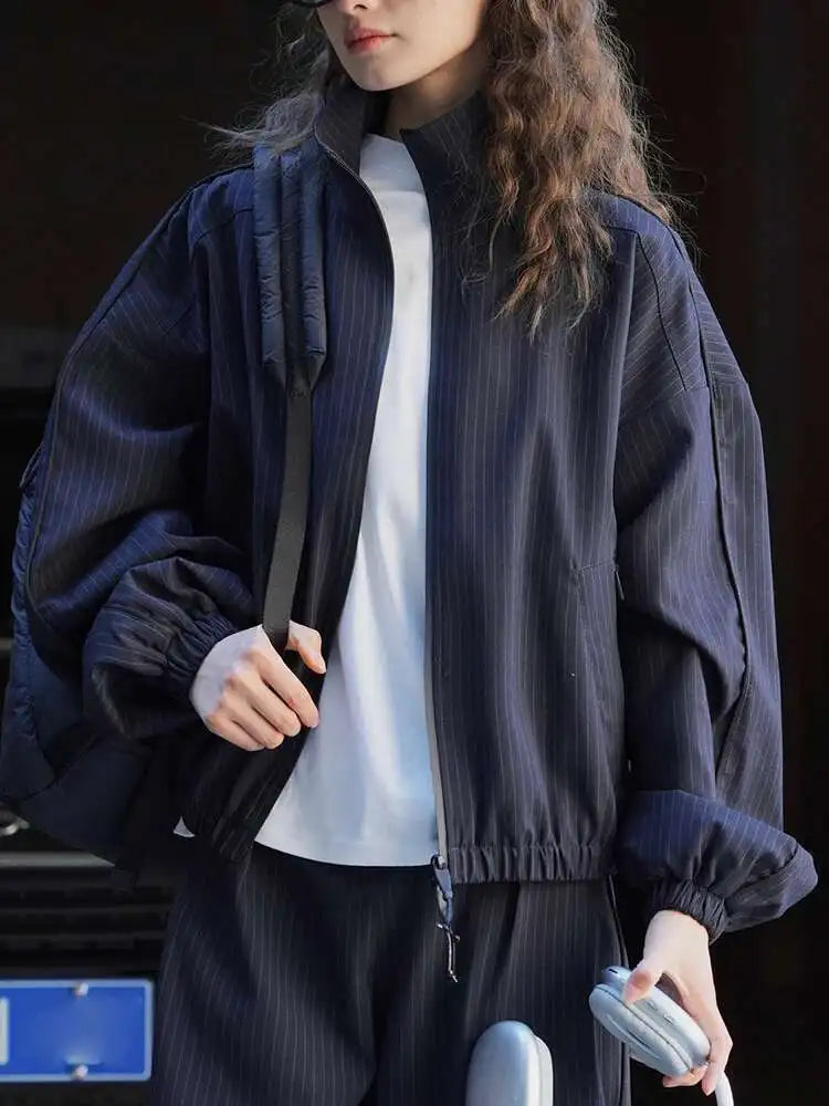 Women's Designer Striped Stand-Neck Jacket