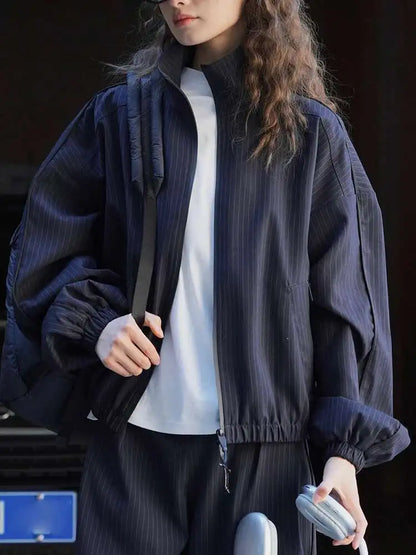 Women's Designer Striped Stand-Neck Jacket