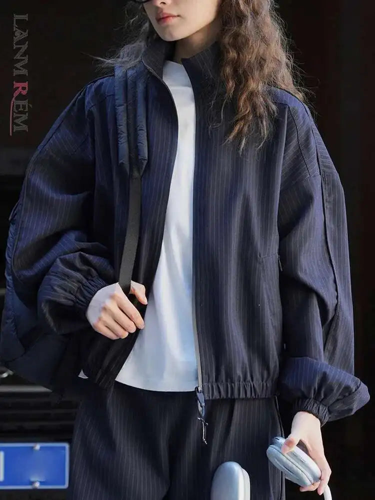 Women's Designer Striped Stand-Neck Jacket