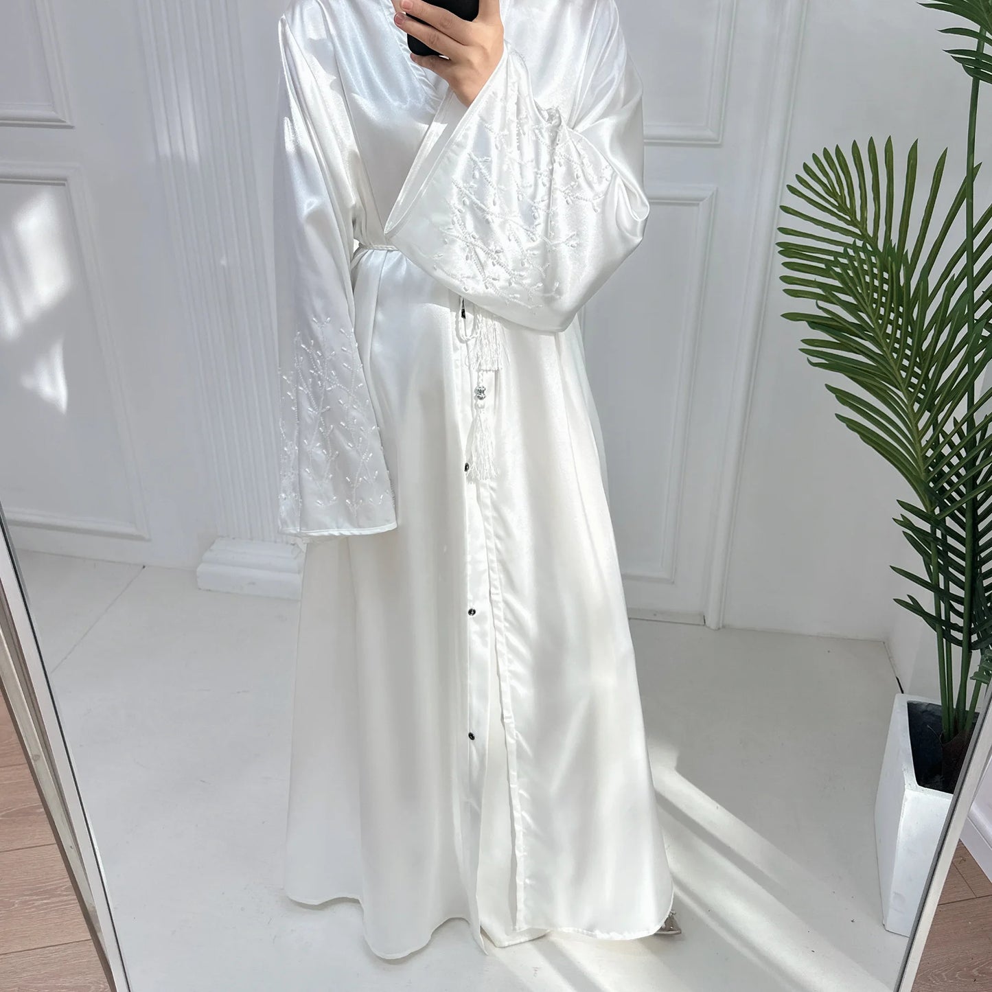 Handmade Beaded Open Abaya with Belt