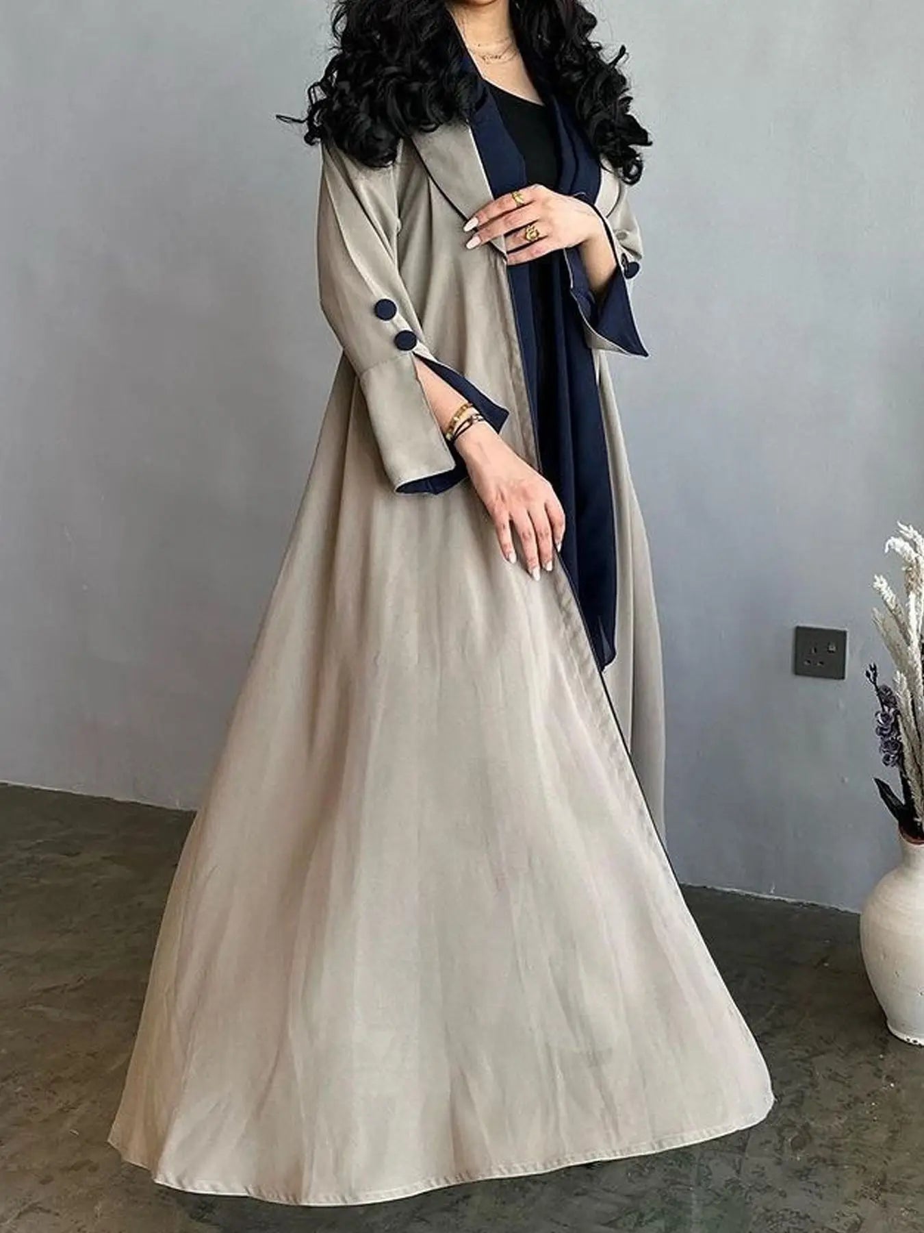 Contrast Trim Open-Front Abaya Cardigan