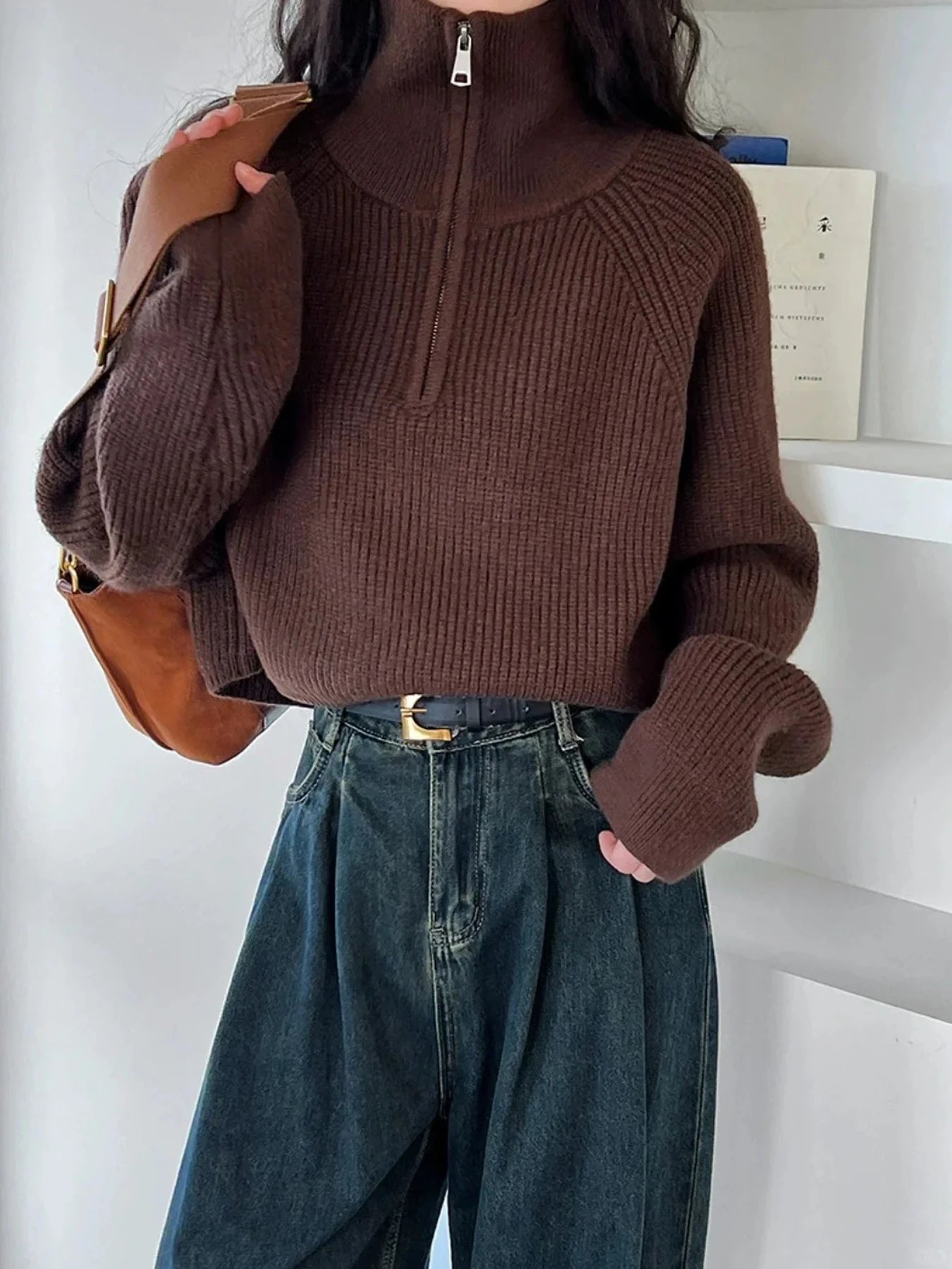 Women's Loose Half-Zip Turtleneck Sweater