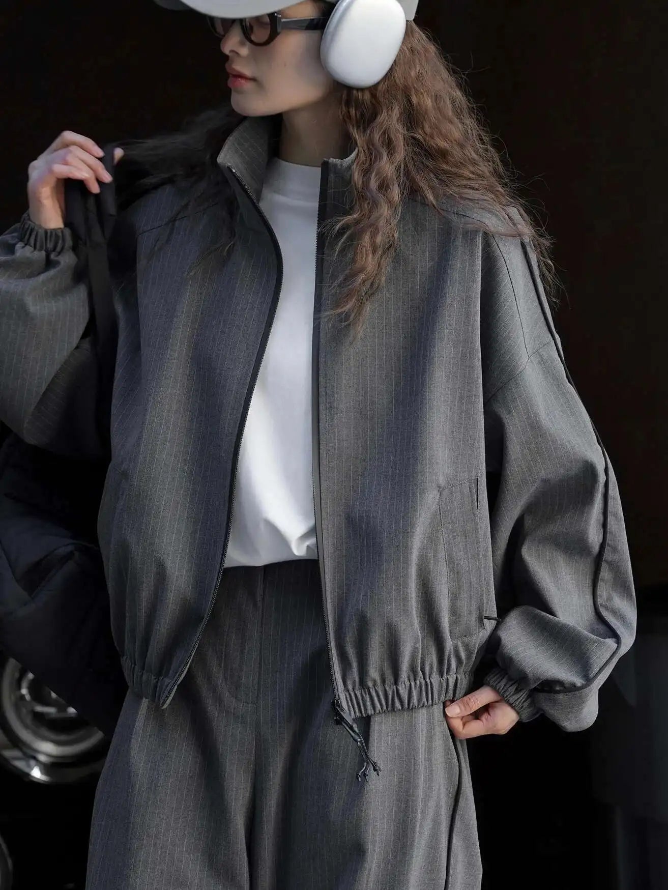 Women's Designer Striped Stand-Neck Jacket