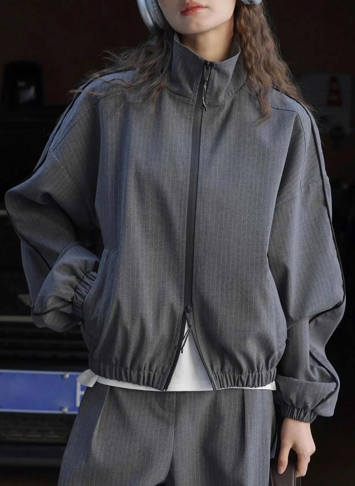 Women's Designer Striped Stand-Neck Jacket