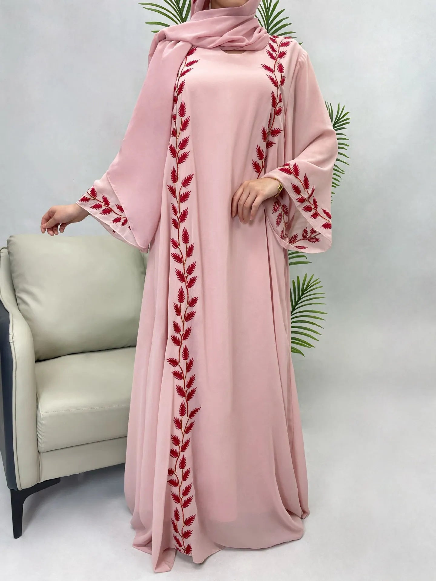 Women's Embroidered Abaya Dress with Scarf