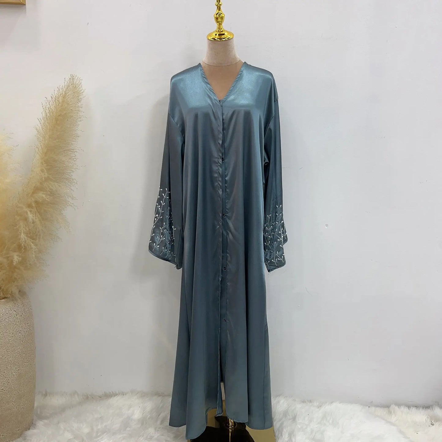 Handmade Beaded Open Abaya with Belt
