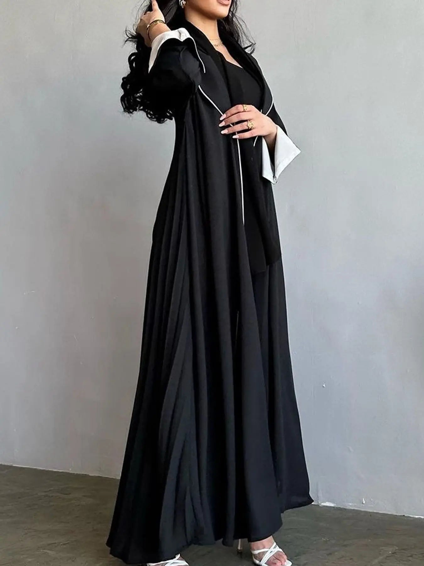 Contrast Trim Open-Front Abaya Cardigan