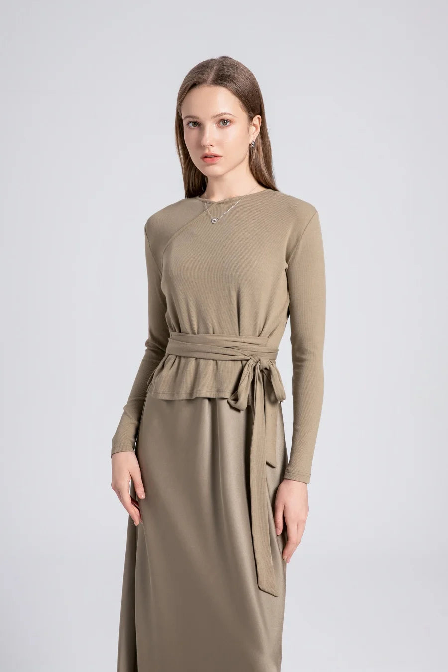 Women's Ribbed Wrap Top & Satin Dress Set