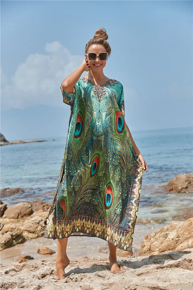 Women's Peacock Print Beach Kaftan