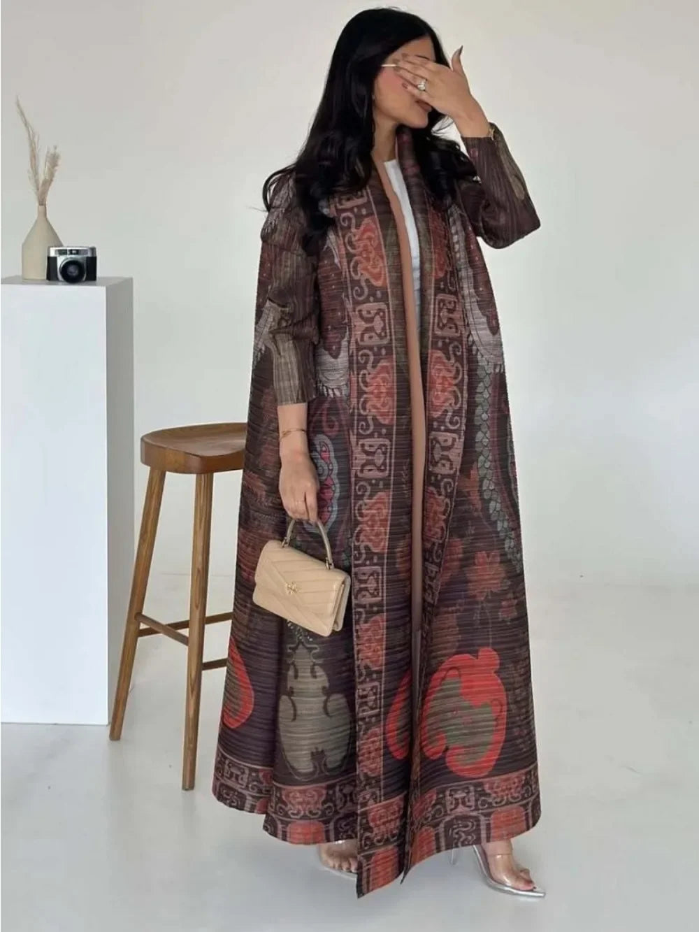 Women's Pleated Open Abaya Maxi Dress