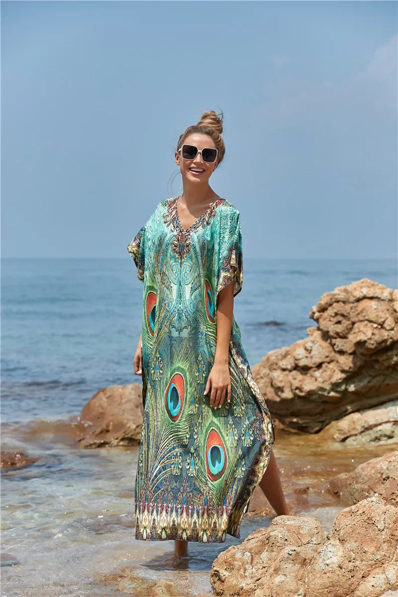 Women's Peacock Print Beach Kaftan