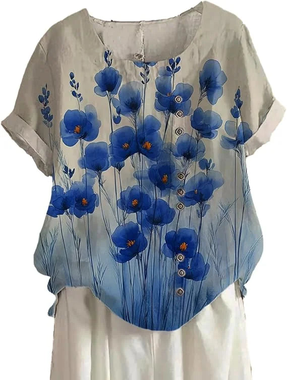 Women's Blue Floral Cotton-Linen Tunic