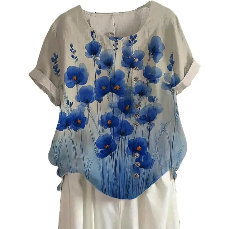 Women's Blue Floral Cotton-Linen Tunic