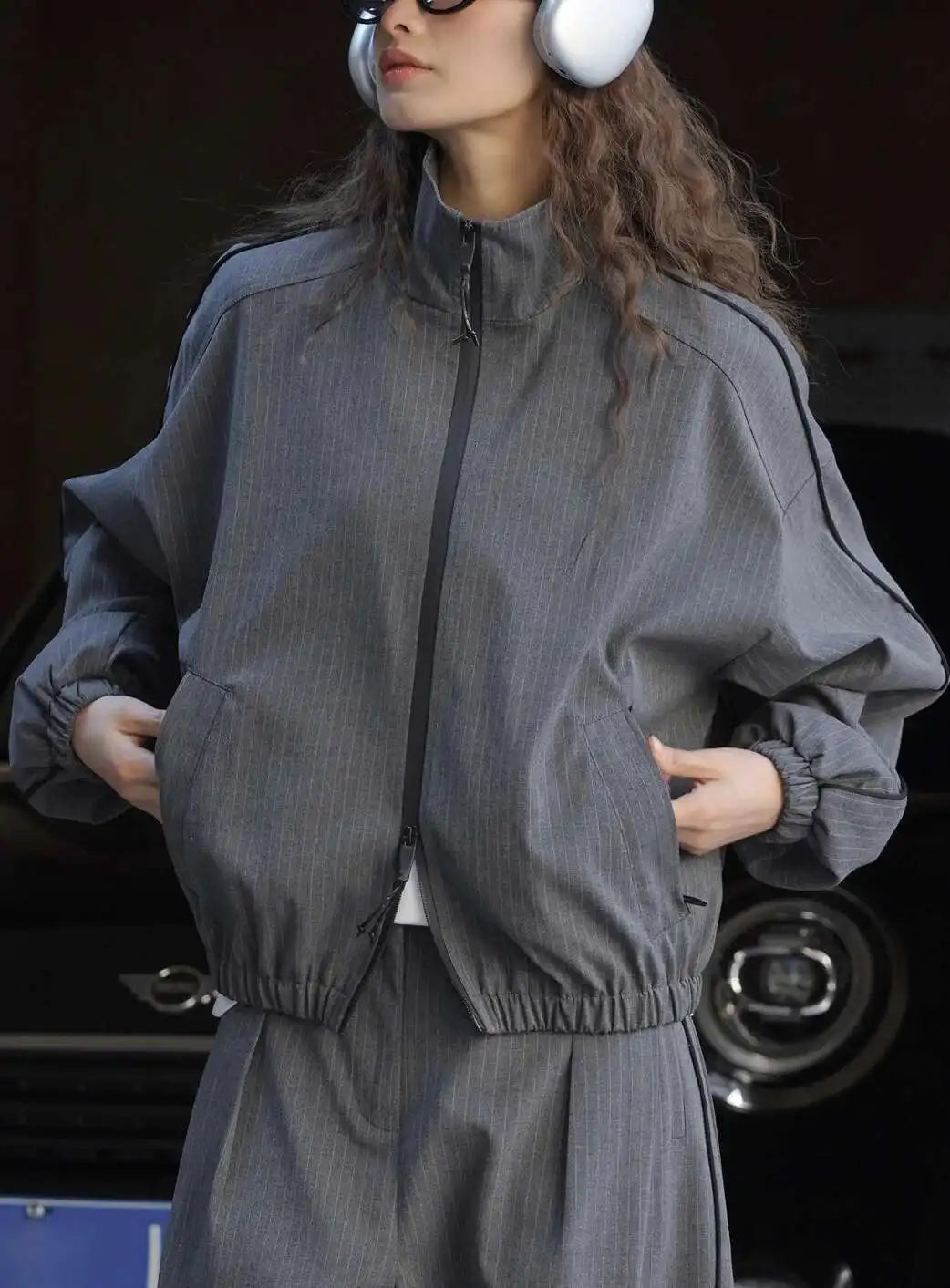 Women's Designer Striped Stand-Neck Jacket