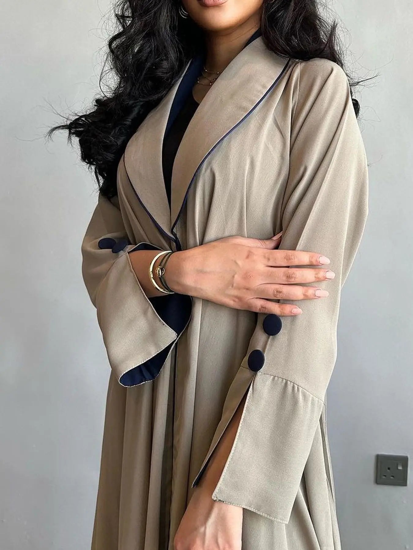 Contrast Trim Open-Front Abaya Cardigan