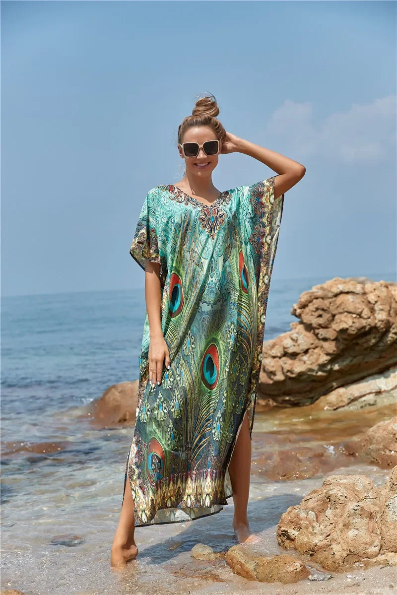Women's Peacock Print Beach Kaftan