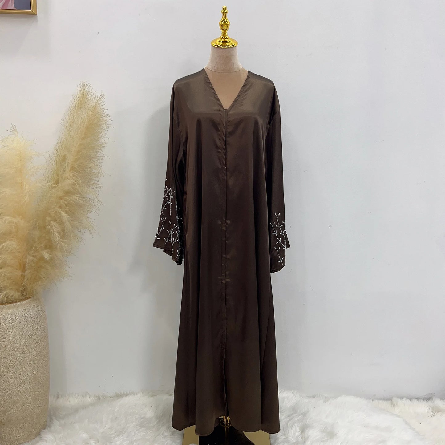 Handmade Beaded Open Abaya with Belt
