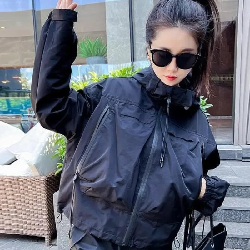 Plus-Size Hooded Windbreaker Jacket