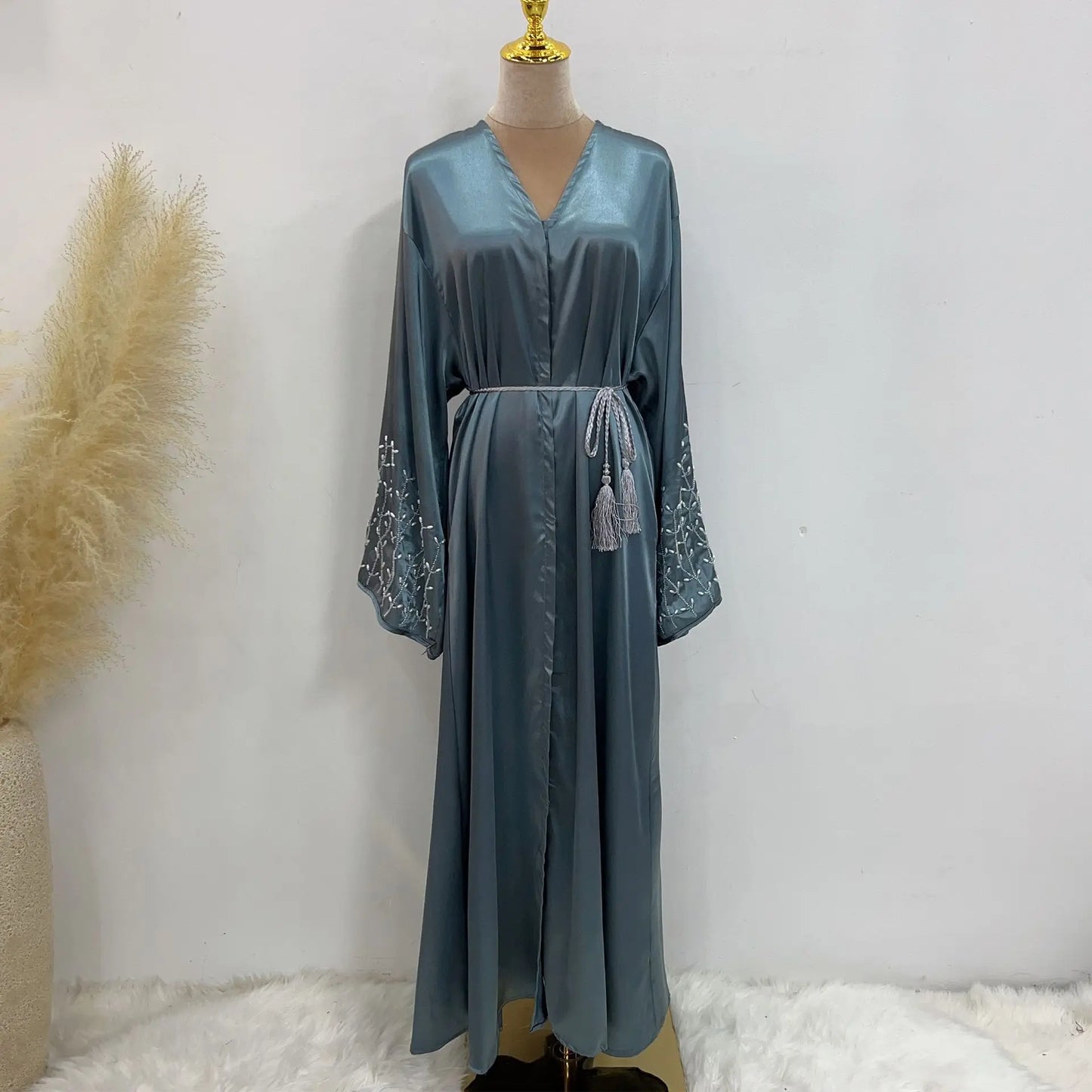 Handmade Beaded Open Abaya with Belt