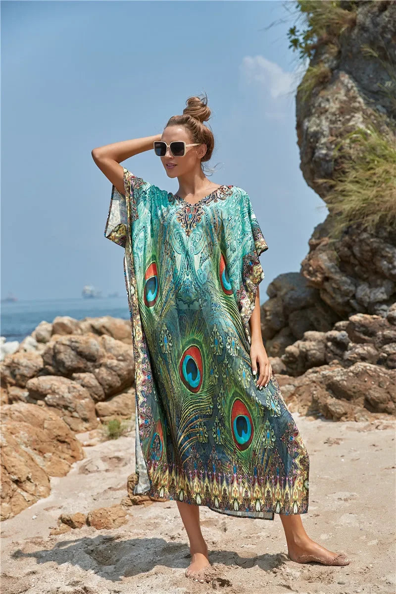 Women's Peacock Print Beach Kaftan