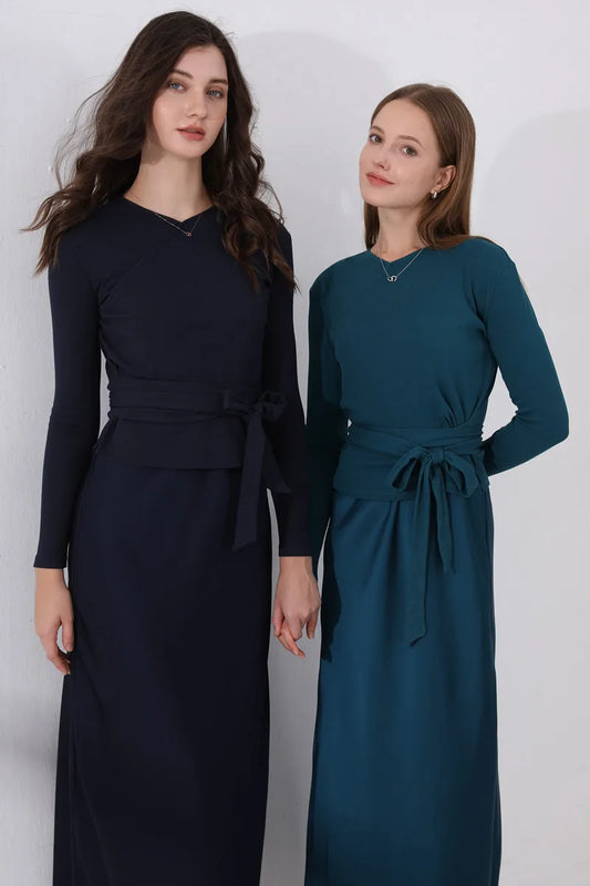 Women's Ribbed Wrap Top & Satin Dress Set