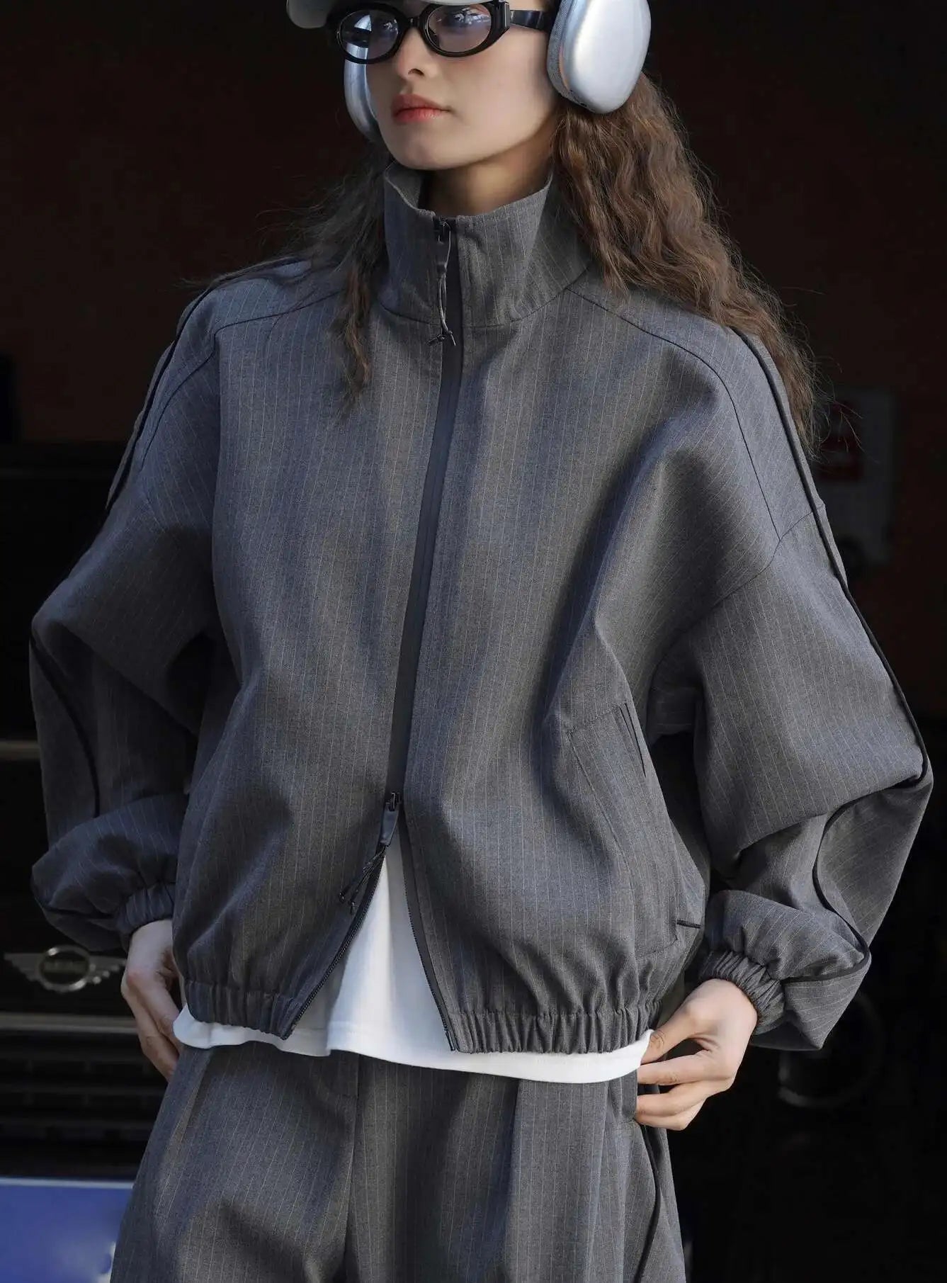 Women's Designer Striped Stand-Neck Jacket