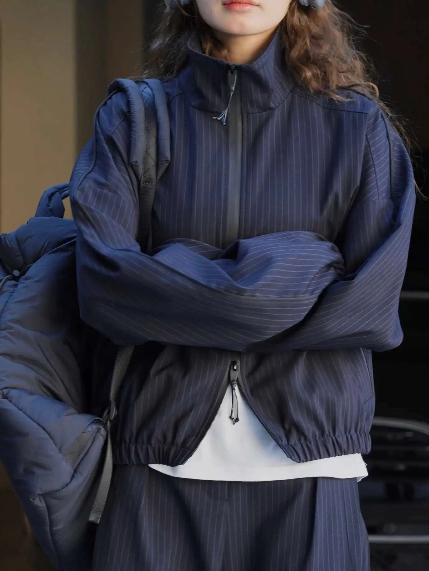 Women's Designer Striped Stand-Neck Jacket