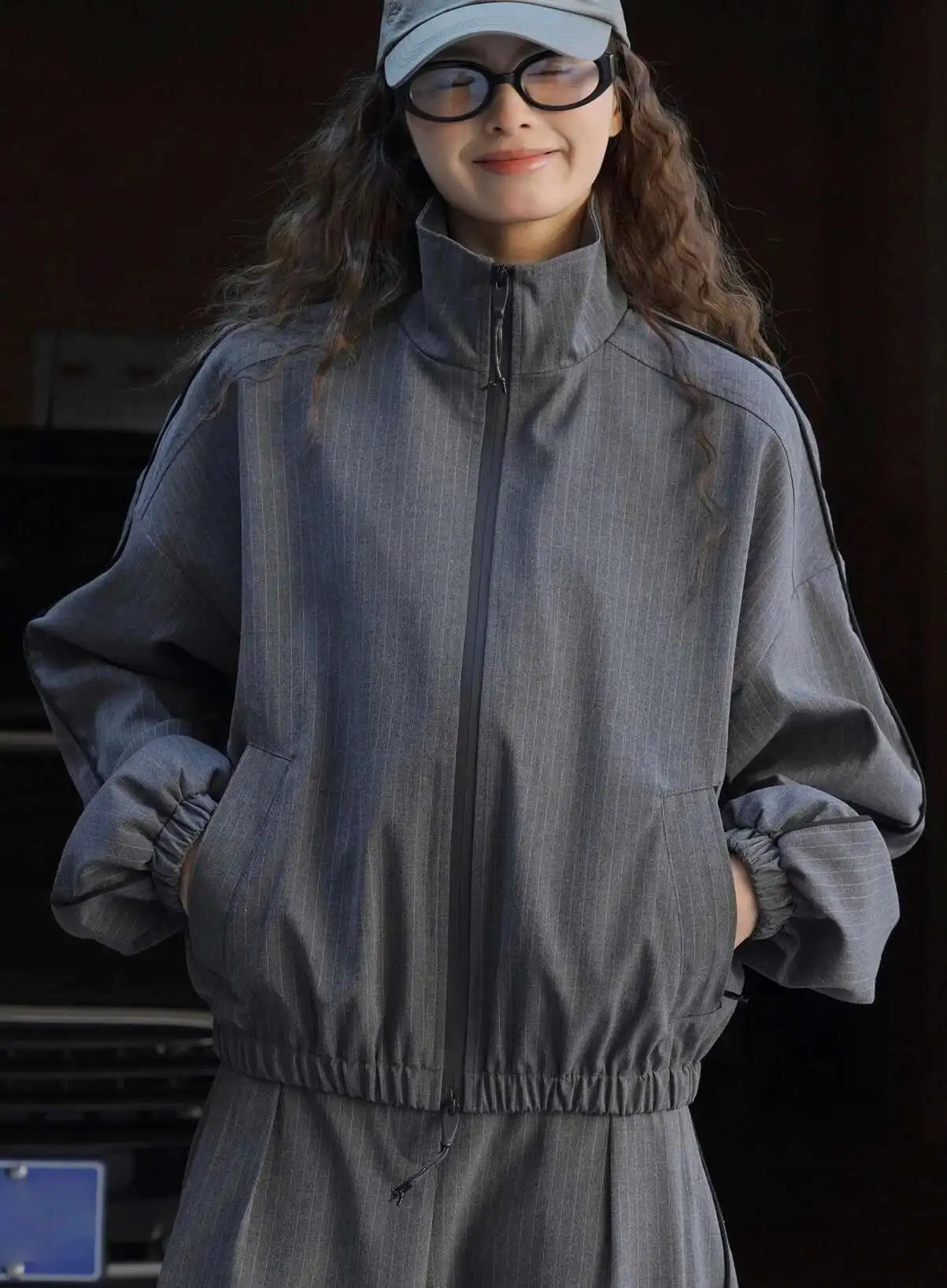 Women's Designer Striped Stand-Neck Jacket