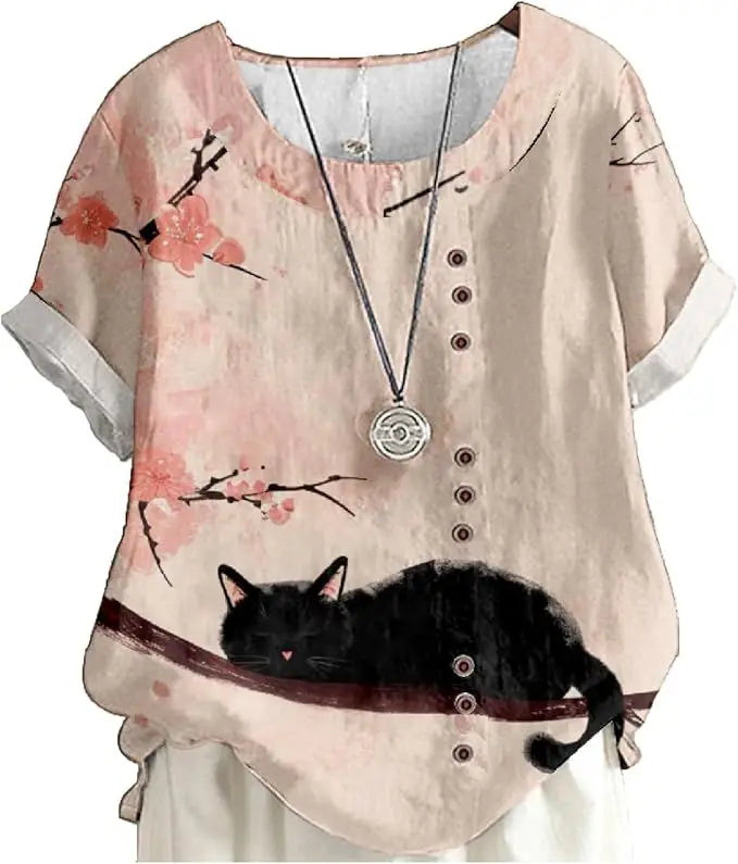 Women's Blue Floral Cotton-Linen Tunic