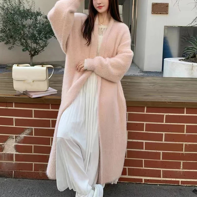 Women's Faux Mink V-Neck Long Cardigan Coat