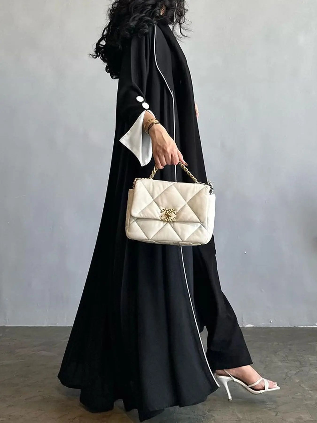 Contrast Trim Open-Front Abaya Cardigan