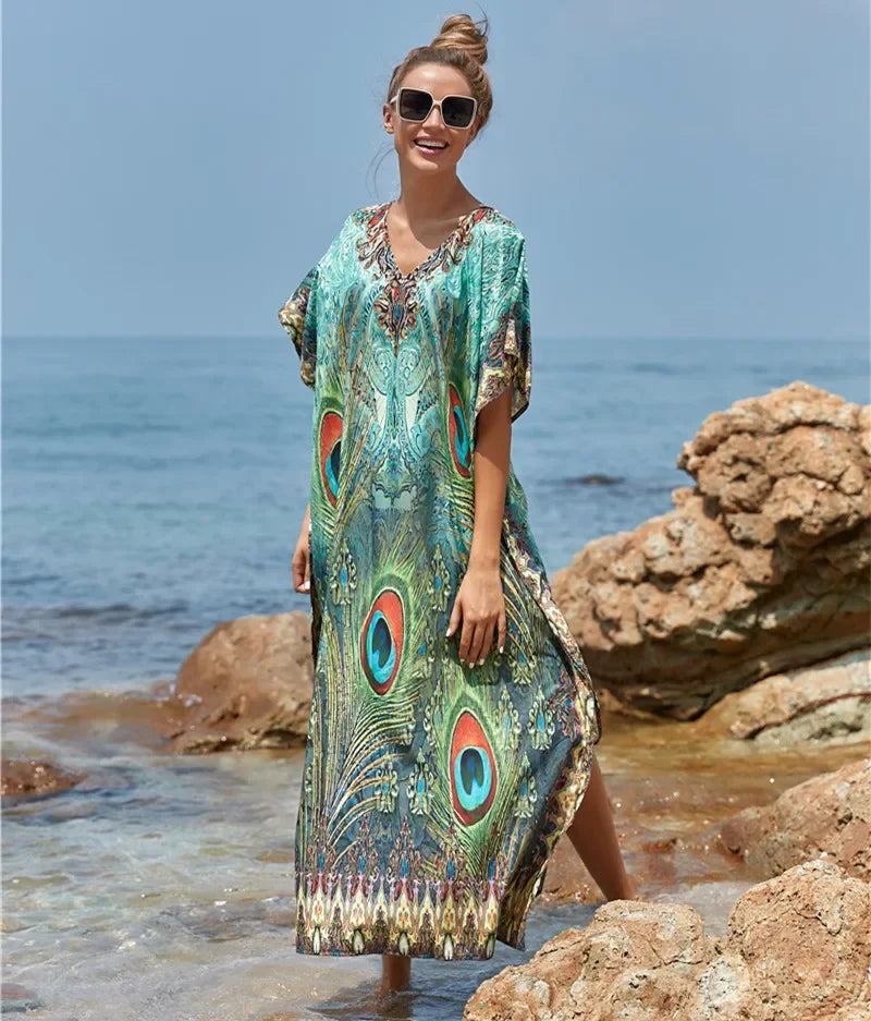 Women's Peacock Print Beach Kaftan