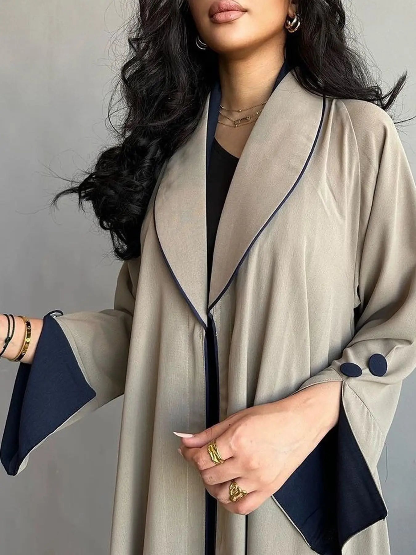 Contrast Trim Open-Front Abaya Cardigan