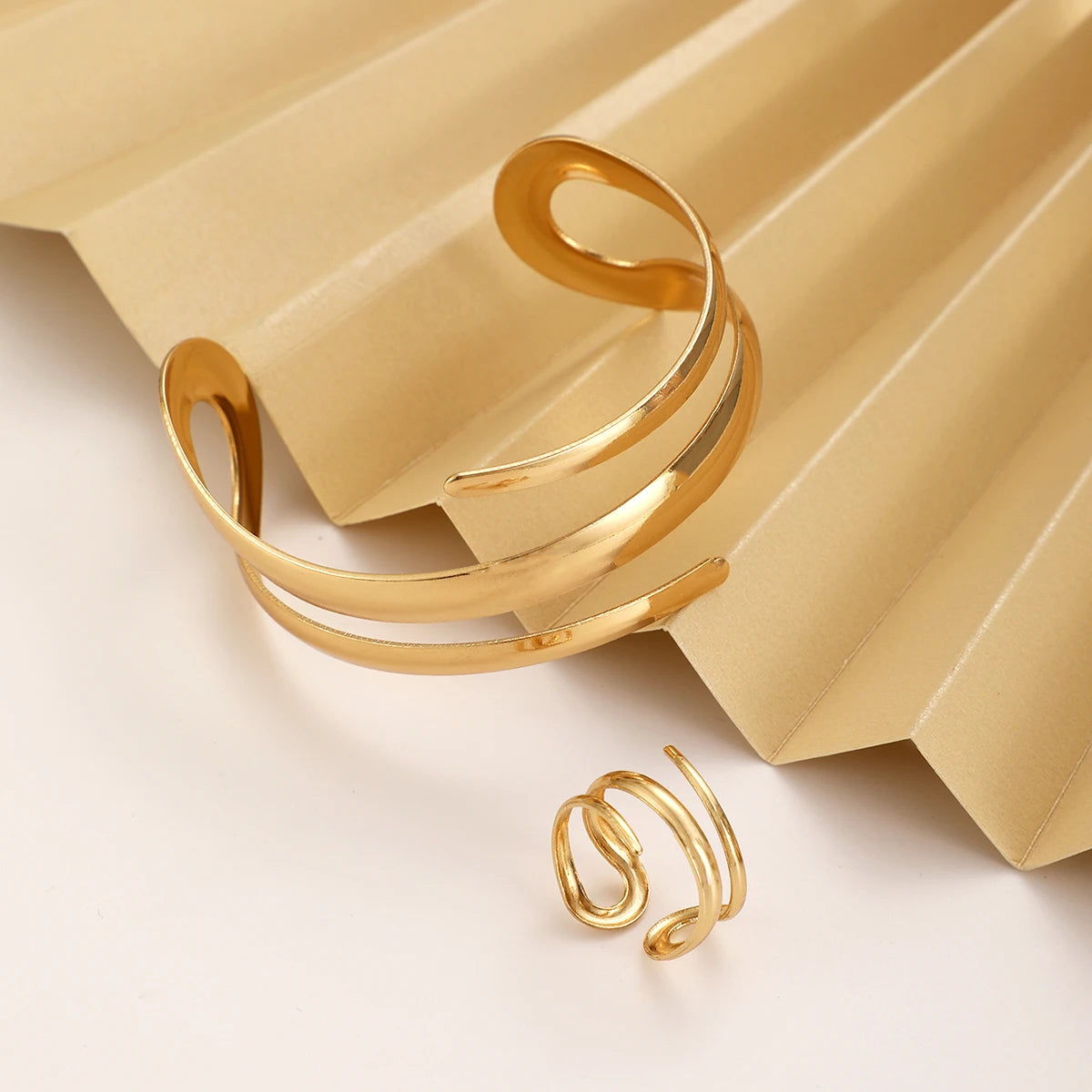Gold Geometric Bracelet & Ring Set