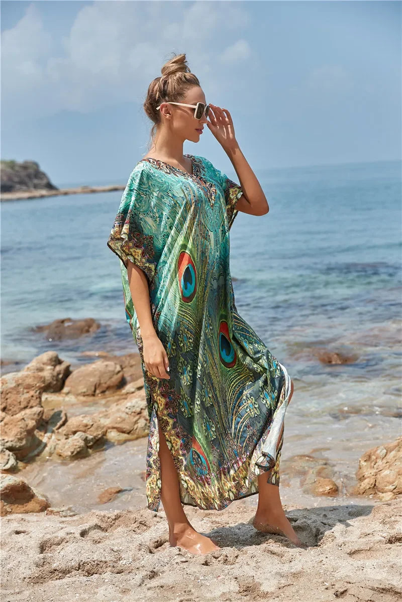 Women's Peacock Print Beach Kaftan