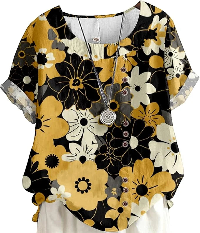 Women's Blue Floral Cotton-Linen Tunic