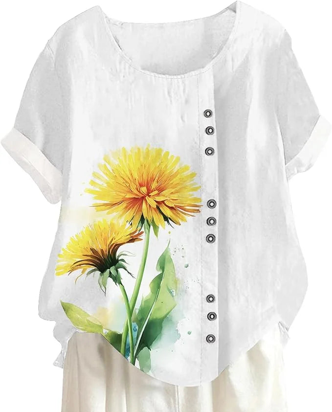 Women's Blue Floral Cotton-Linen Tunic