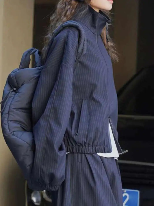 Women's Designer Striped Stand-Neck Jacket