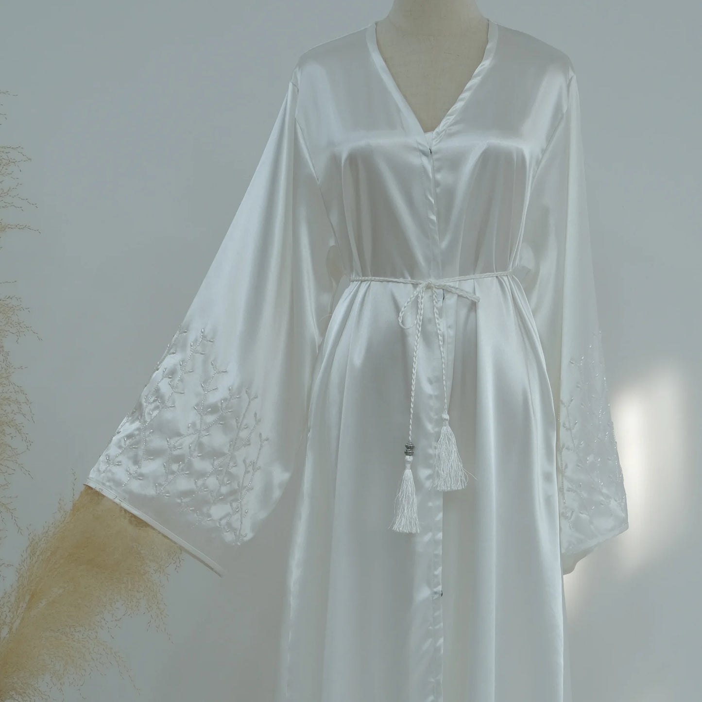 Handmade Beaded Open Abaya with Belt