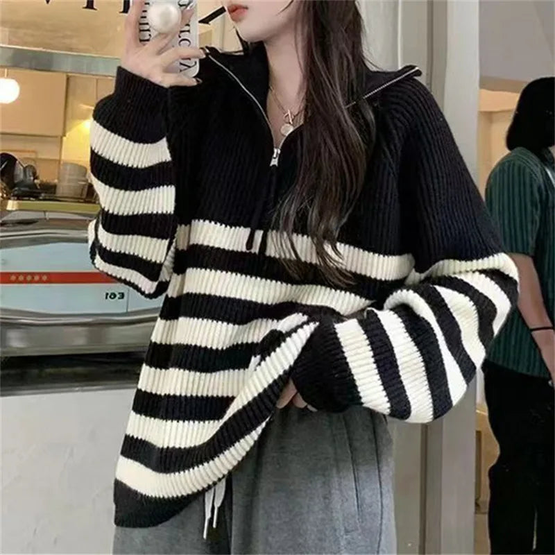 Women's Striped Half-Zip Turtleneck Sweater