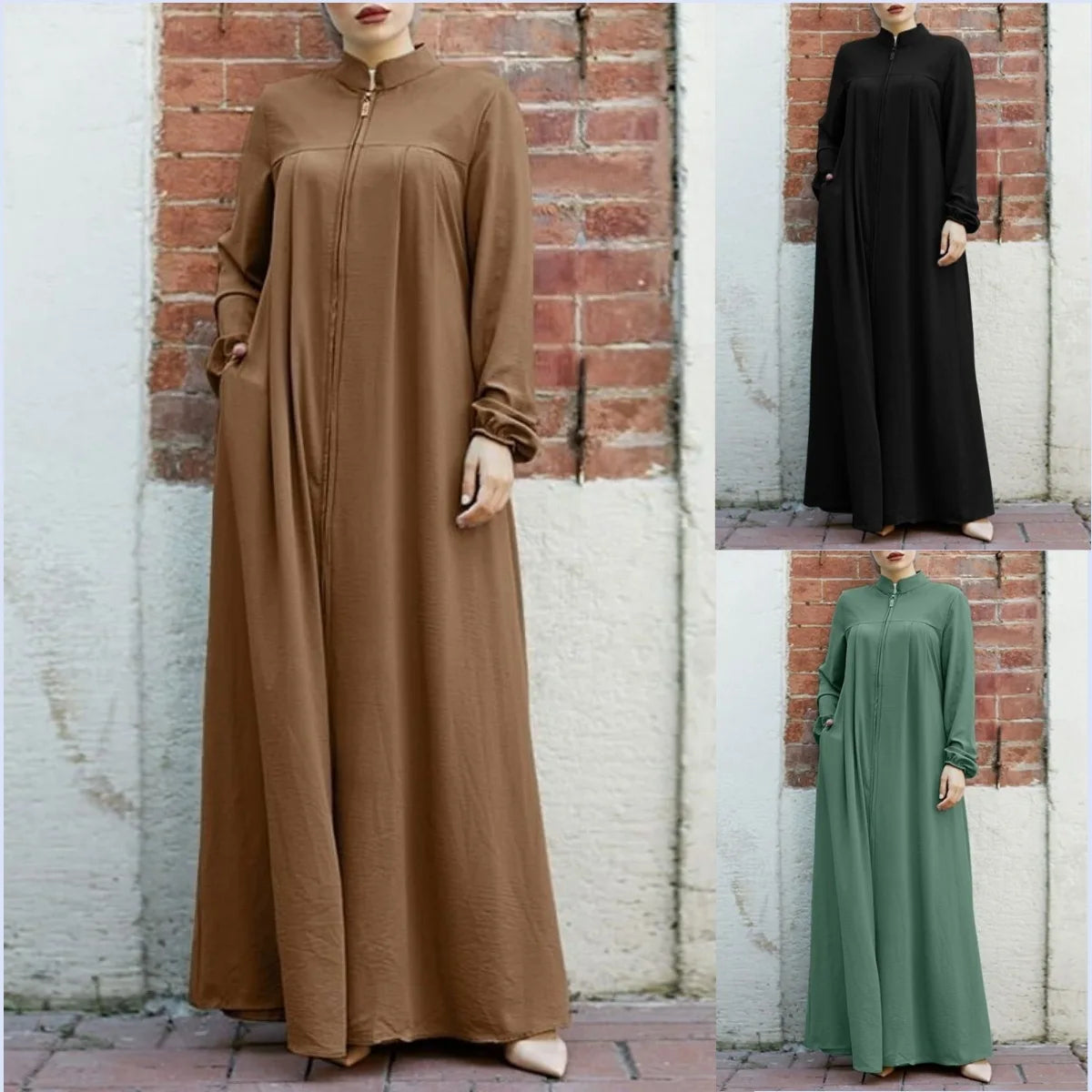 Women's Zipper Front Abaya Kaftan Dress