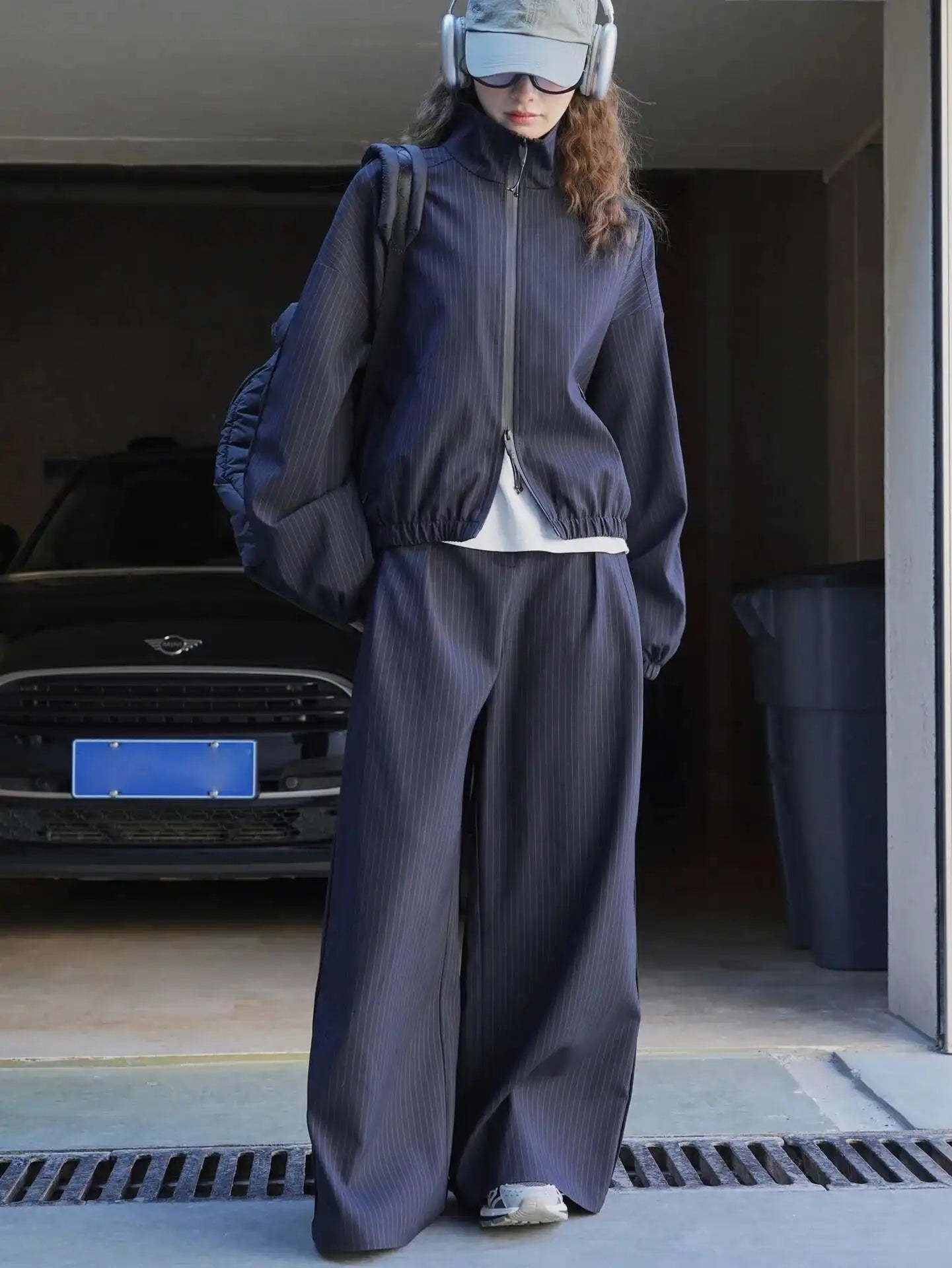 Women's Designer Striped Stand-Neck Jacket