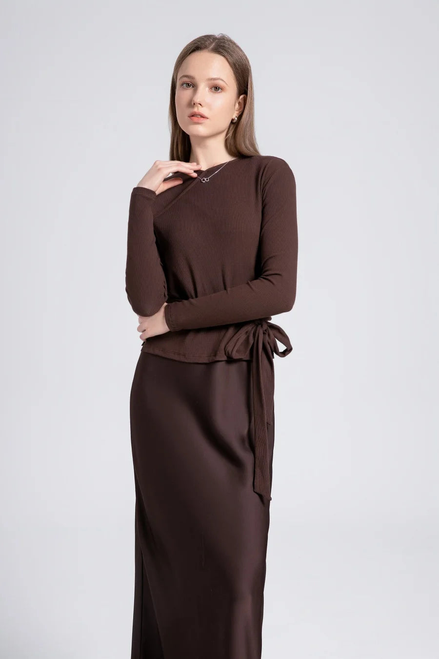 Women's Ribbed Wrap Top & Satin Dress Set