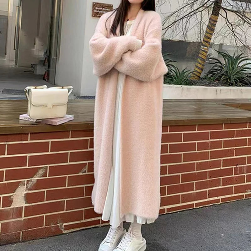 Women's Faux Mink V-Neck Long Cardigan Coat