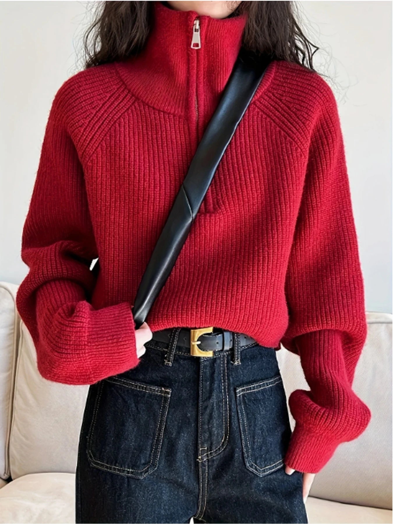 Women's Loose Half-Zip Turtleneck Sweater